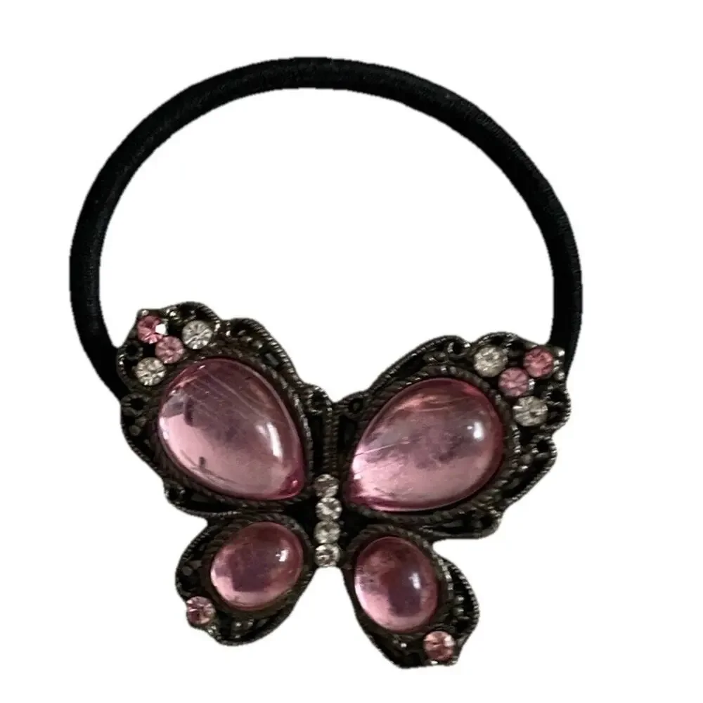 Pink Butterfly Ponytail Holder Jelly Clear Rhinestones Metal Hair Tie Elastic